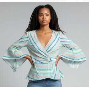 Peter Pilotto Mint Stripe Wrap Blouse with Fluted Sleeves Size Medium